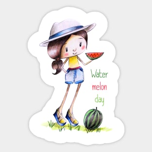Cute girl in panama and shorts with a slice of watermelon Sticker